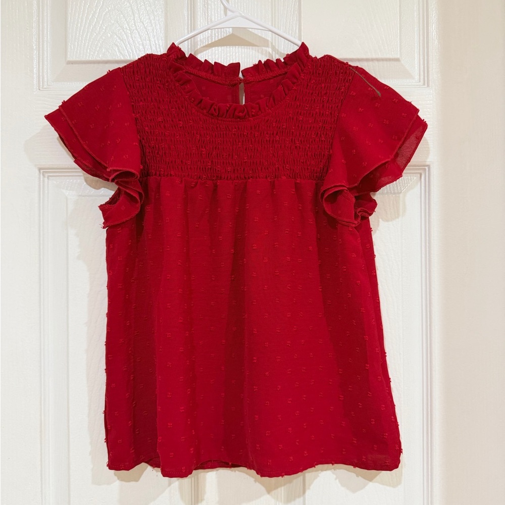 Red Ruffled Short Sleeve Blouse